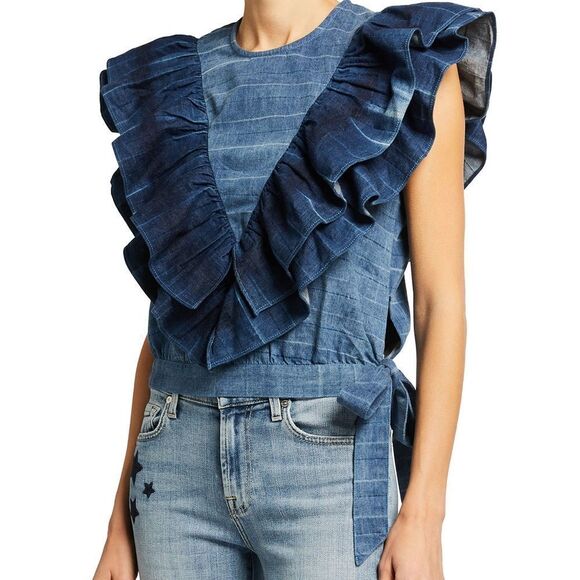 Seven by all Mankind medium denim ruffle crop top shirt blouse - Picture 1 of 8